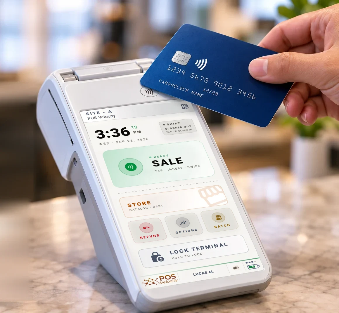 A card tapped on a PAX terminal running POS Velocity at a shop counter