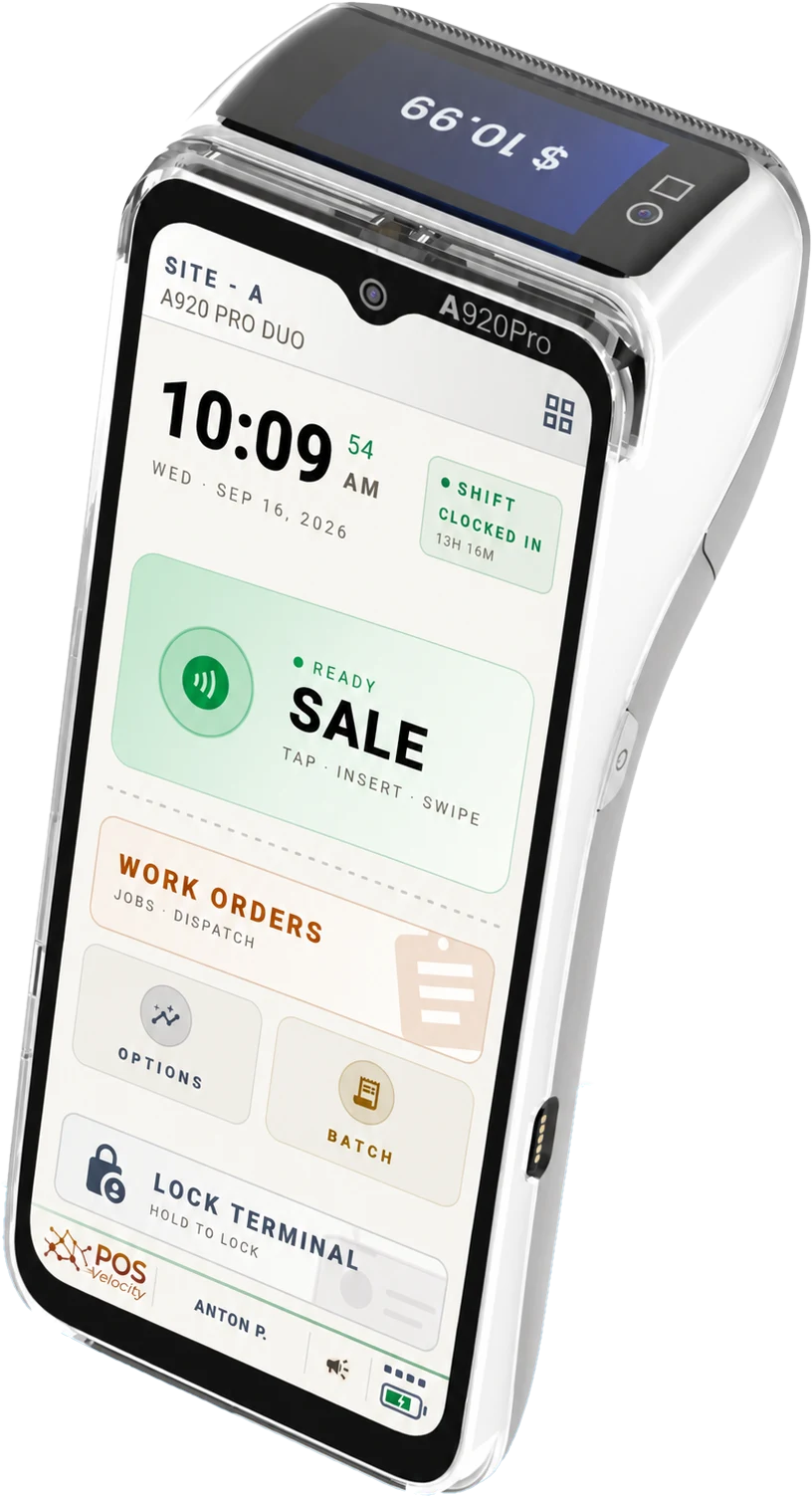 PAX A920Pro Duo terminal running POS Velocity